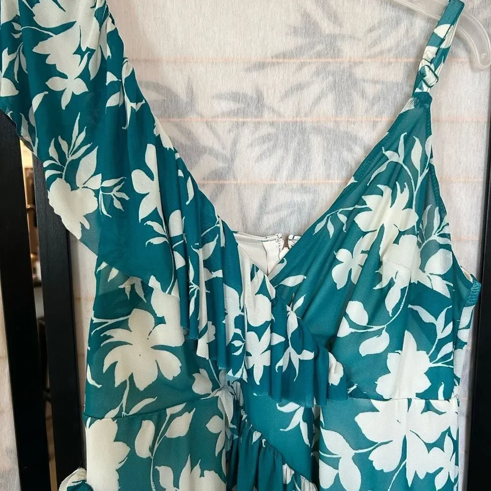 TORRID Teal White Floral Tiered Midi Mesh Ruffle Surplice Dress 12